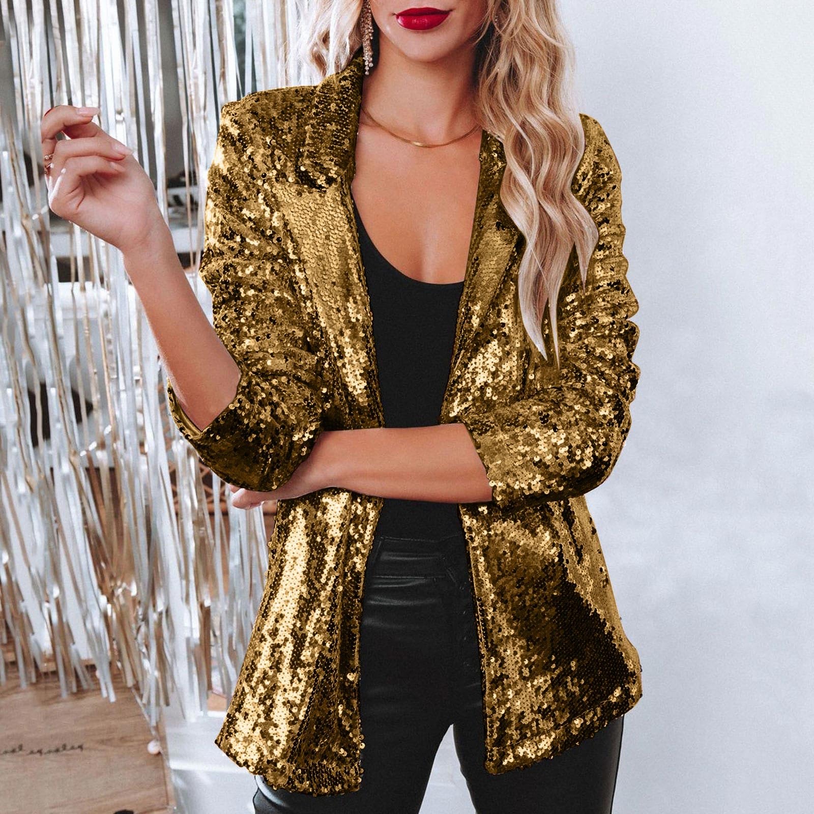 Générique Veste Paillettes Femme Deguisement Disco Femmes Manches Longues Cardigan à Revers Manteau à Paillettes Tenue Des AnnéEs 70 Et 80 Carnaval Costume Veste De Club à Paillette Festival Carnaval