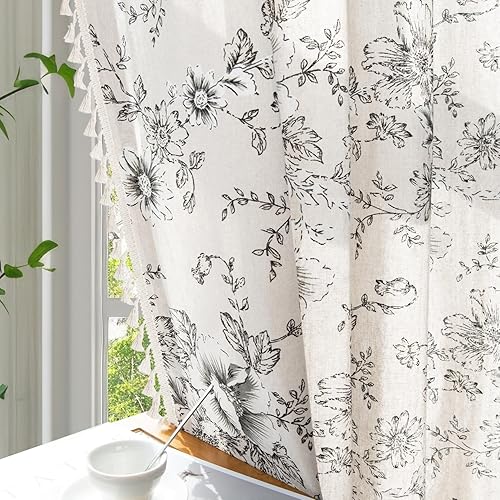 Farmhouse Floral Curtains Linen Curtain for Living Room 84 Inch Length Black Peony Printed Crutains Bedroom Rod Pocket Window Curtain Set 2 Panels