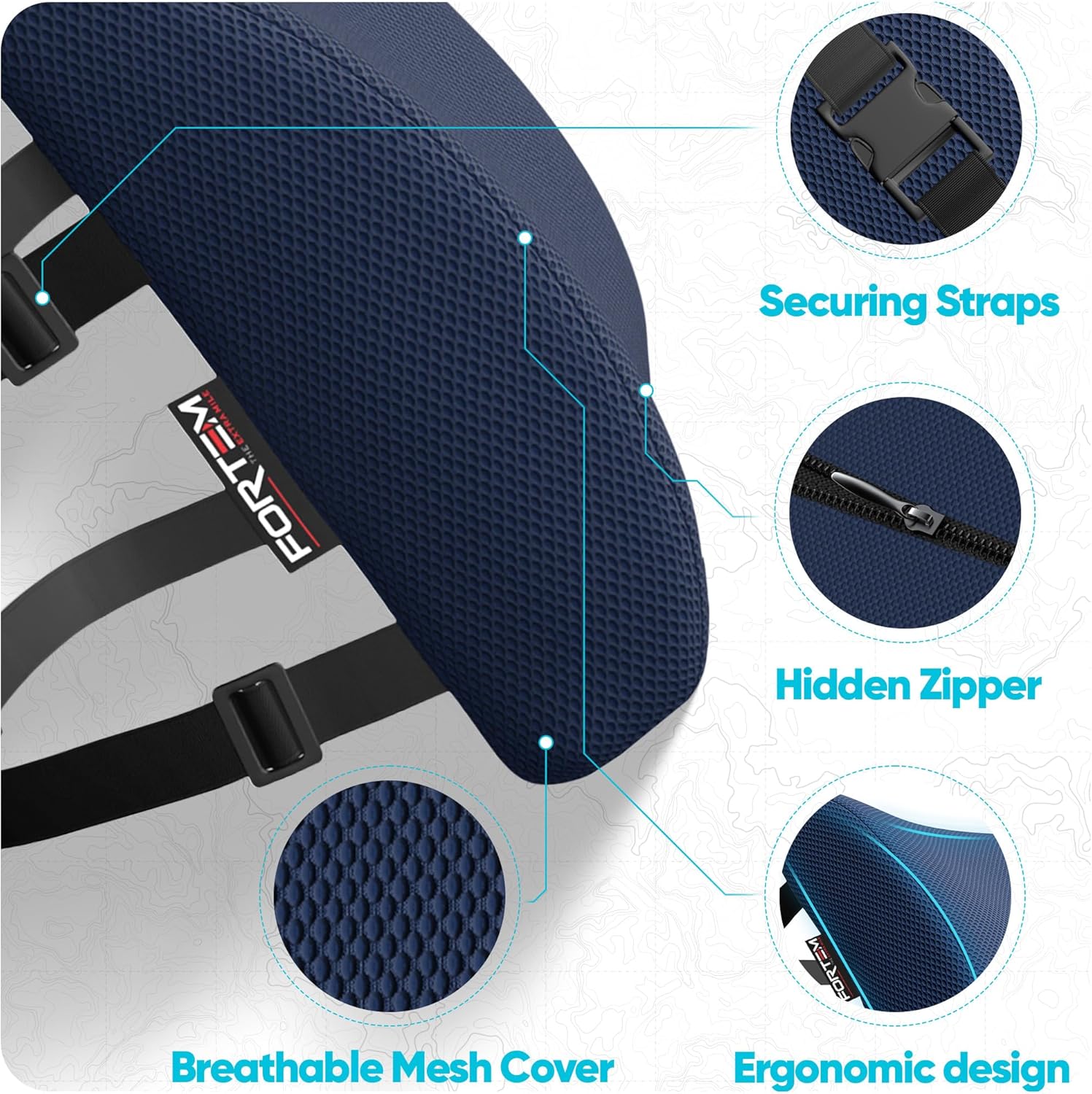 FORTEM Lumbar Support Pillow for Office Chair, Lumbar Support Pillow for Car, Back Rest for Gaming, Memory Foam Pillow, Desk Chair Cushion, Breathable & Washable Cover, Adjustable Straps - Image 4