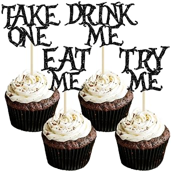 Gyufise 24Pcs Alice in Wonderland Cupcake Toppers Black Glitter Try Me Take One Eat Me Cupcake Picks for Fairytale Wonderland Theme Baby Shower Kids Boys Girls Birthday Party Supplies