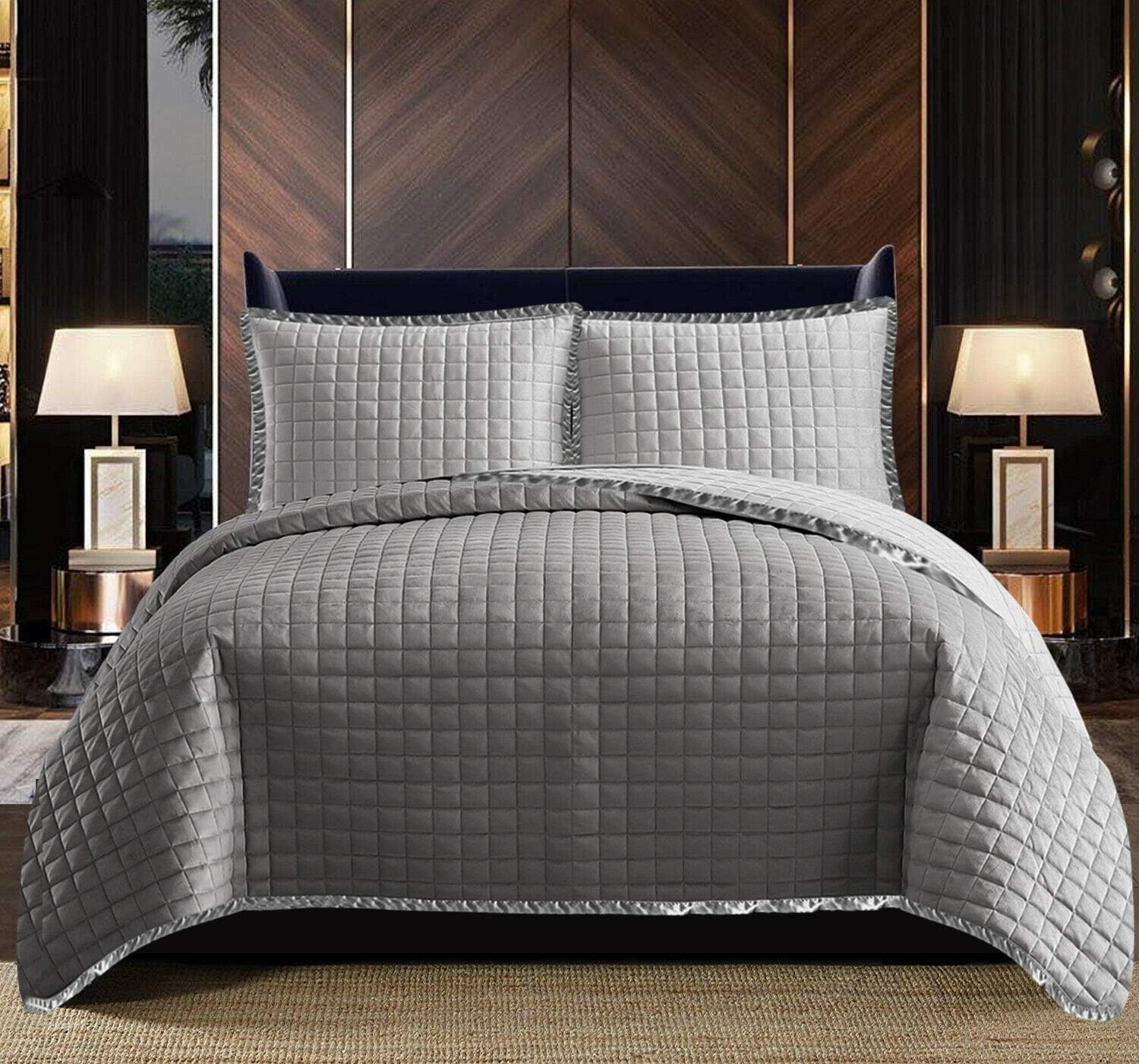 Grey Bedspread Throw, 100% Cotton Filling Quilted Coverlet with Silk Border - Single Bedding Set with Pillow Sham, Super Soft Bed Covering (OSCA Grey)