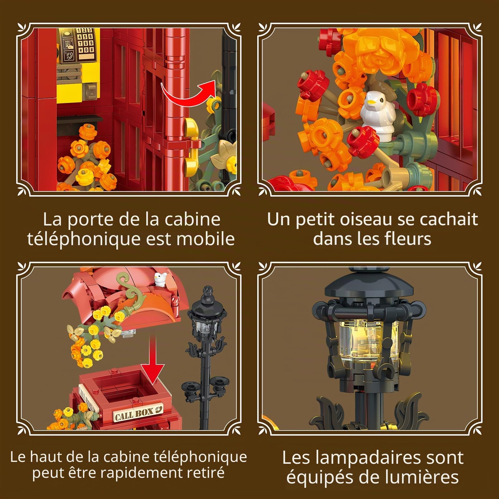 MEIEST Ensemble de blocs de construction de cabine téléphonique londonienne rouge pour adultes, idées de fleurs, cabine téléphonique, boîte aux lettres et lampadaires, cadeau créatif pour la maison