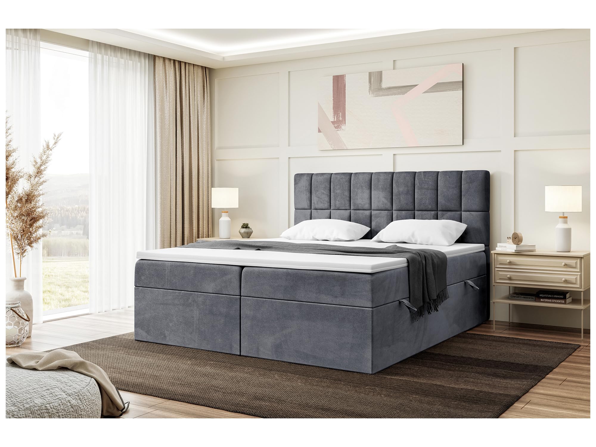 MEBLINI Boxspringbett mit Bettkasten - 200x200 - Gepolstert Doppelbett mit Matratze und Topper - Polsterbett mit Stauraum - Bett mit Kopfteil - Stauraumbett - Lukas - H3/Dunkelgrau Samt