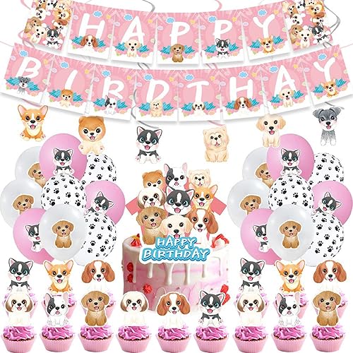 50 decoraciones de cumpleaños de perro, incluyendo pancartas de cumpleaños, adornos para pasteles, adornos para cupcakes, globos, remolinos para