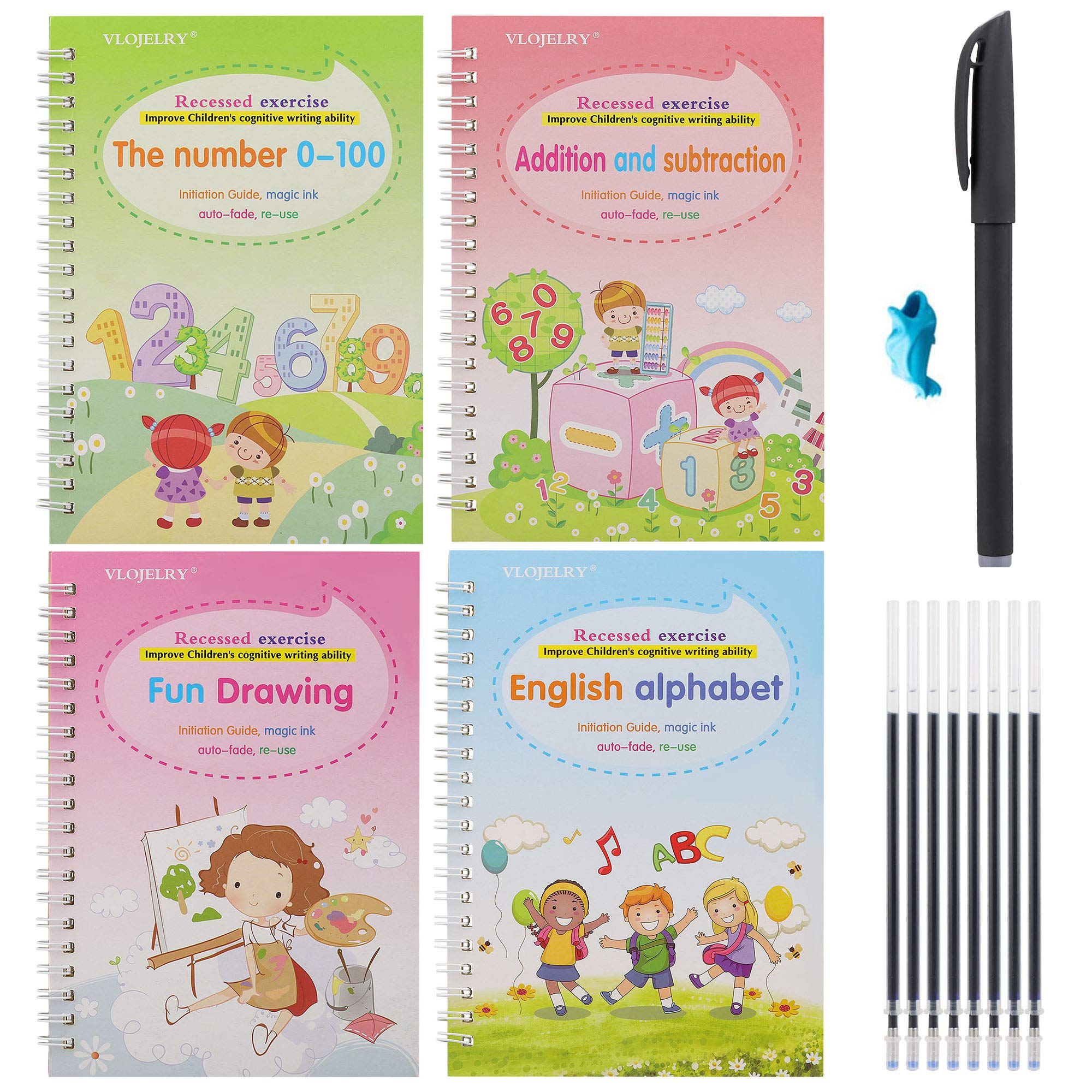 VLOJELRY 14Pcs Practice Copybook Reusable Calligraphy Book for Kids, Handwriting Copybook Set with Pen for Preschool Beginners Enlightenment