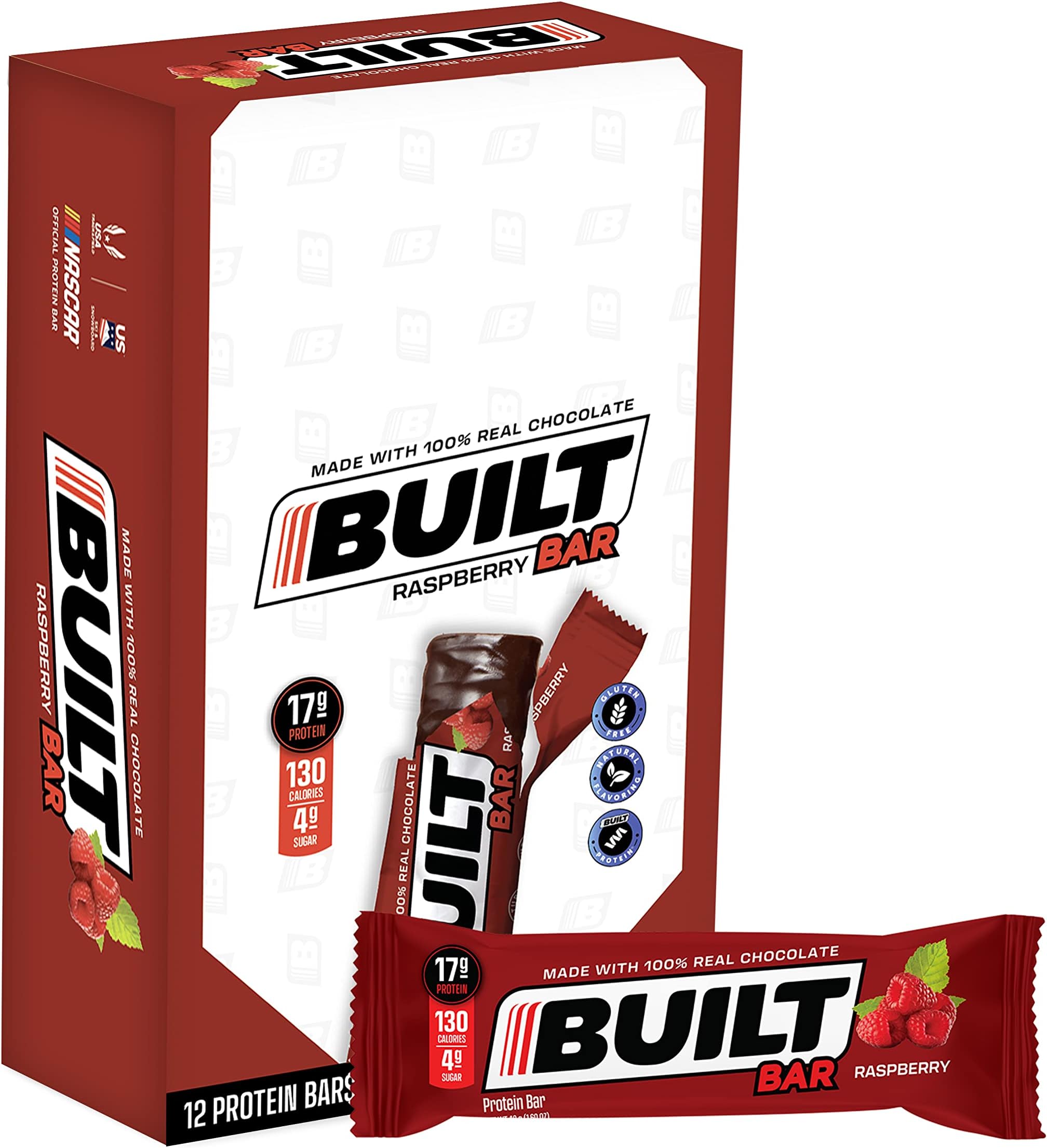 Built Bar 12 Pack High Protein Energy Bars | Gluten Free | Chocolate Covered | Low Carb | Low Calorie | Low Sugar | Delicious Protien | Healthy Snack (Raspberry)