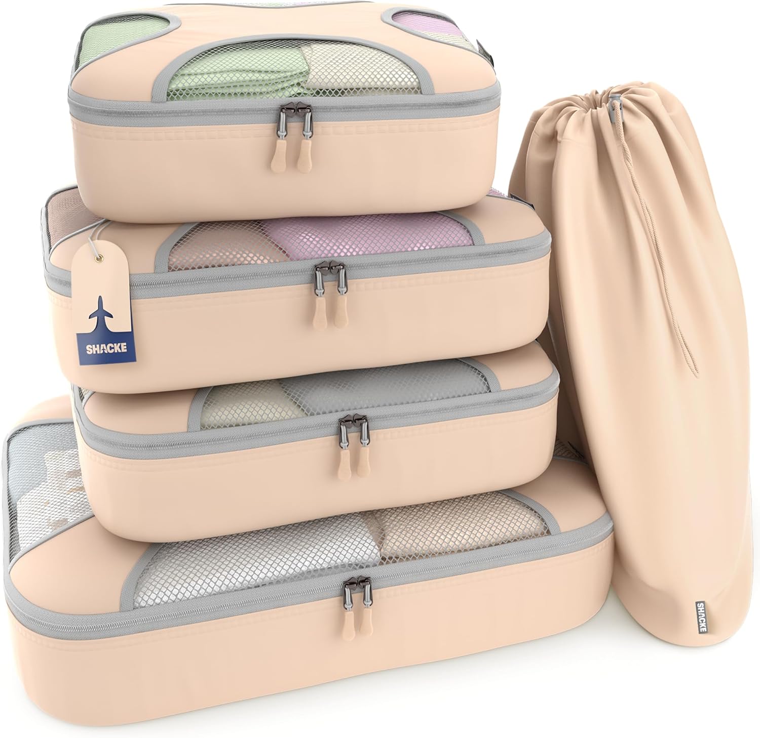 Shacke Packing Cubes for Travel 5 Set – Compression Luggage Organizer Bags – Versatile Travel Organizer for Women and Men – Optimized Packing Bags – Travel Essentials (Nude Beige)