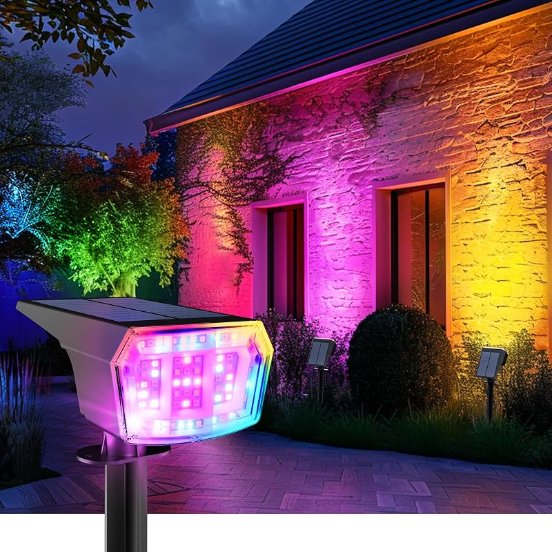 Solar Spot Lights Outdoor Waterproof, 4 Packs, RGB | 63 LED, 9 Lighting Modes, Color Changing Solar Landscape Lights for Halloween & Christmas Decorations, Yard, Garden, House