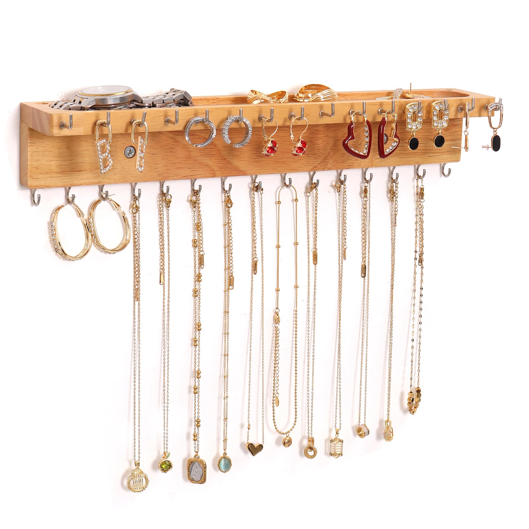 FURAOMEILI Necklace Holder Organizer Wall Mount,Jewelry Holder Organizer with 30 Hooks,Oak Jewelry Organizer and Storage for Necklaces,Bracelets and Rings (Wood Color)