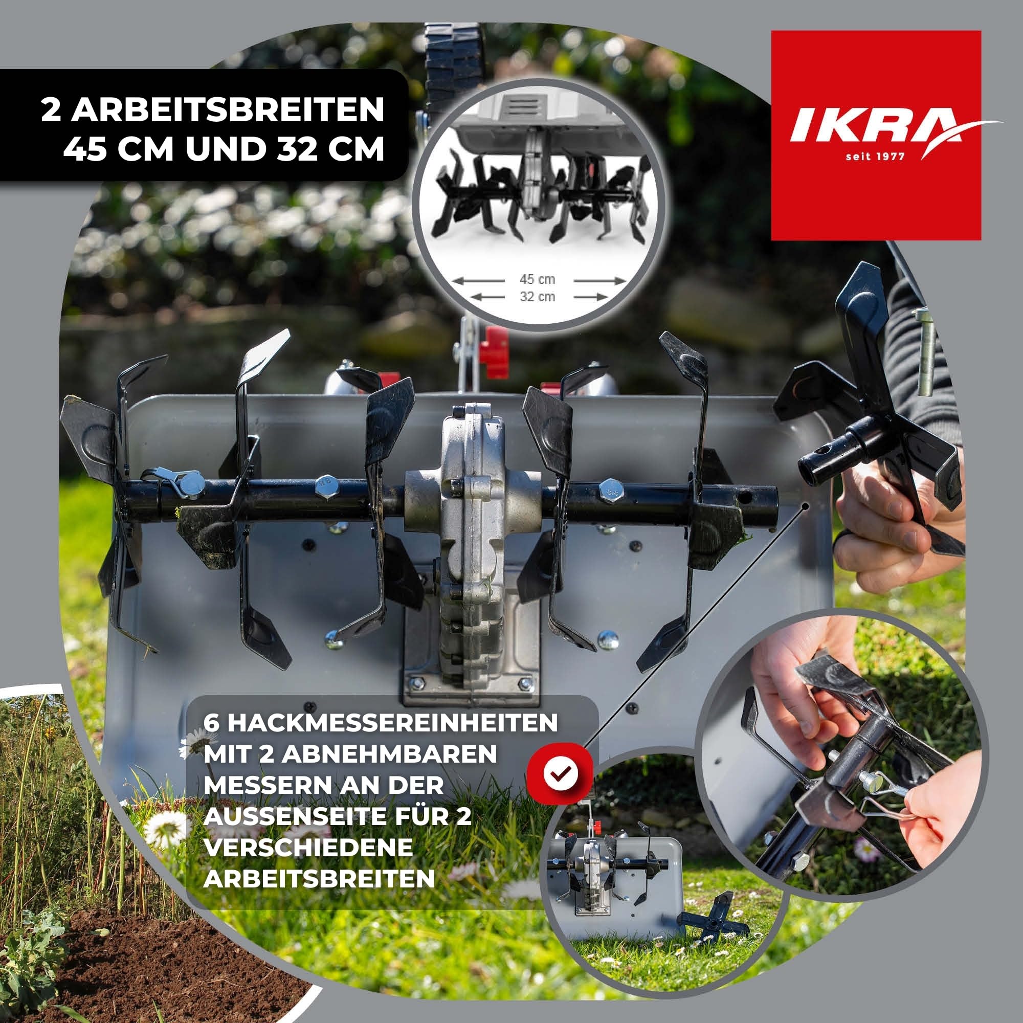 IKRA Elektro Bodenhacke IEM 1500, Flexible Arbeitsbreite 32 & 45cm | Boden lockern und Saatbett vorbereiten, 1500W, Arbeitstiefe 20cm, Bremssporn, Transportrad, zusammenklappbar, Überlastschutz