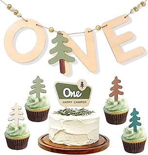 One Happy Camper Wood Banner/Cupcake Topper Set - Camping Cake Topper, Woodland Birthday Party Decoration, One Happy Camper Birthday Banner, First High Chair Wood Safari Jungle Garland For Baby Shower Boy/Girl(Wooden One Happy Camper 1st Birthday Toppers/Banner Set)