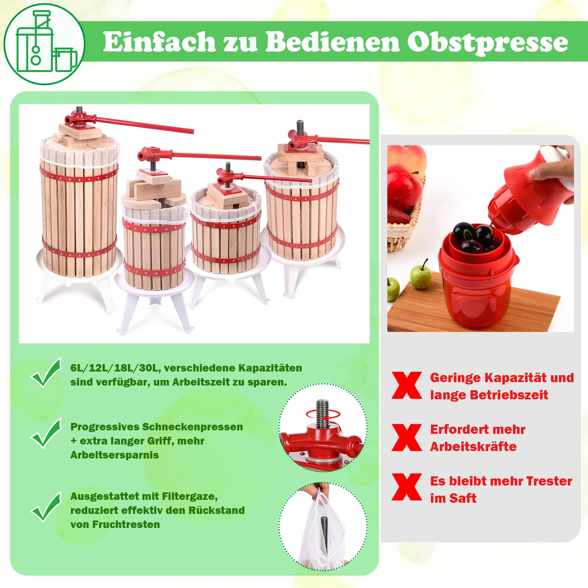 SUBTLETY Presse-fruits manuel 6 l - Presse-agrumes - Presse-fruits portable - Presse-pommes - Avec manivelle et filet de presse pour baies, jus de fruits, jus de pomme
