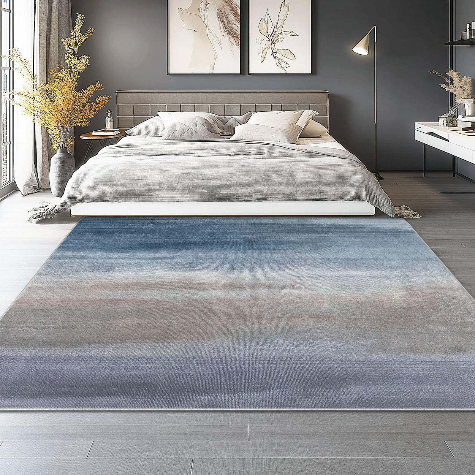 Tapis Salon Lavable en Machine Minimalisme Dégradé Texture 120 x 170 cm Tapis Chambre Pile Courte et Douce Doux Bureau Rectangulaire Intérieur Extérieur Dessous Antidérapant, Bleu Gris