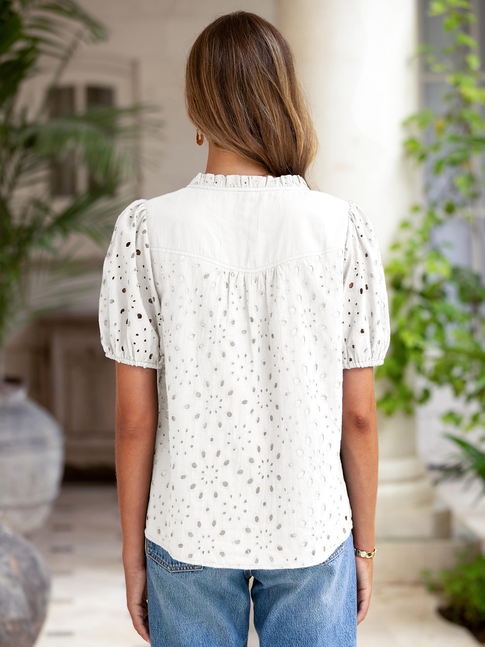 Glamaker Blusa de verano para mujer, estilo casual, con ojales, bordada, manga corta, abombada, con encaje y botones