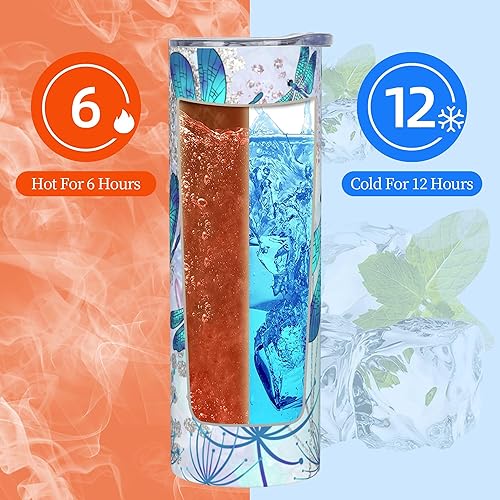 Miniatura 3 de 1 vaso delgado con tapa, diseño de libélulas azules, doble pared, aislado de acero inoxidable, vaso delgado de viaje para bebidas de café y té, 20