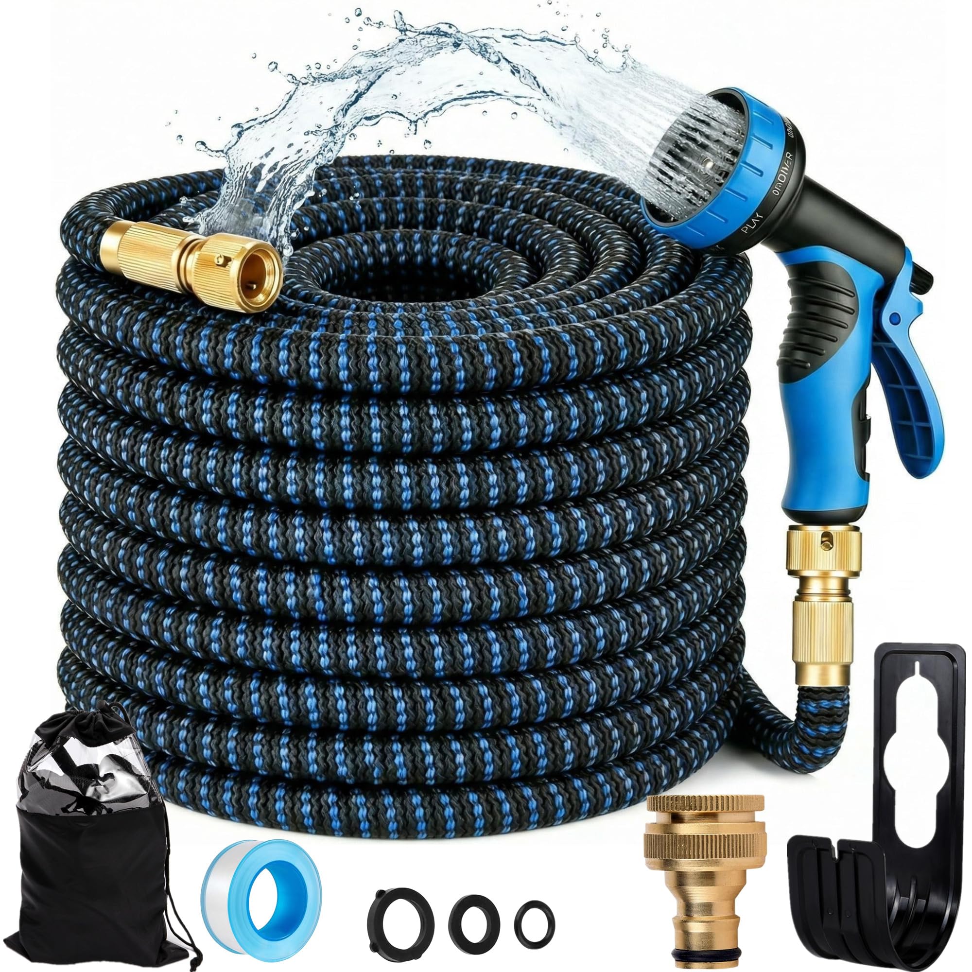 Hose Pipe with 10-Pattern Spray Gun, Garden Hosepipe Expandable Water Hose, 1/2" & 3/4" Brass Connector, Leakproof Flexible Garden Hose for Watering Watering Car Washing(100FT)