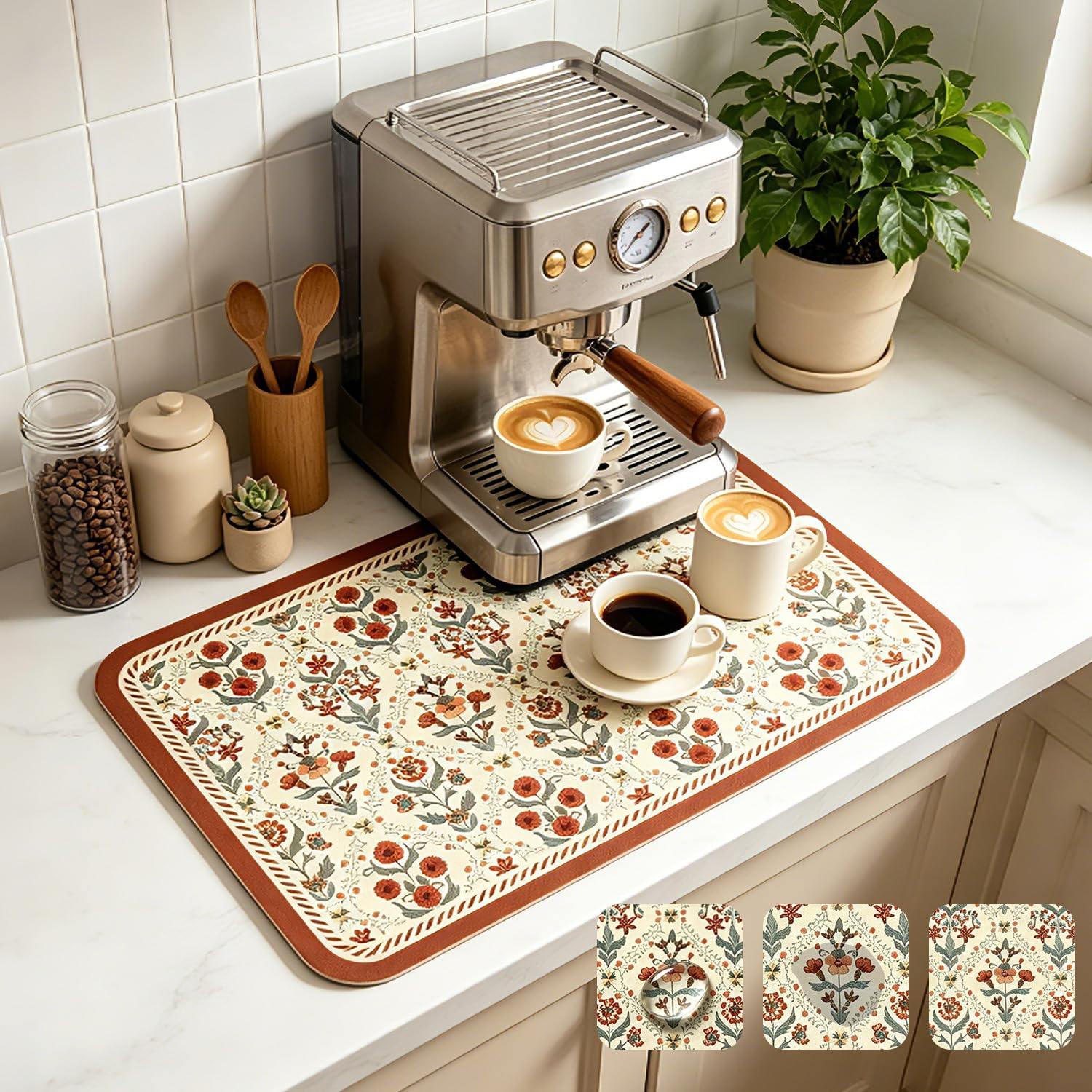 Coffee Mat 40x30cm, Vintage Floral Dish Drying Mat, Easy to Clean, Red