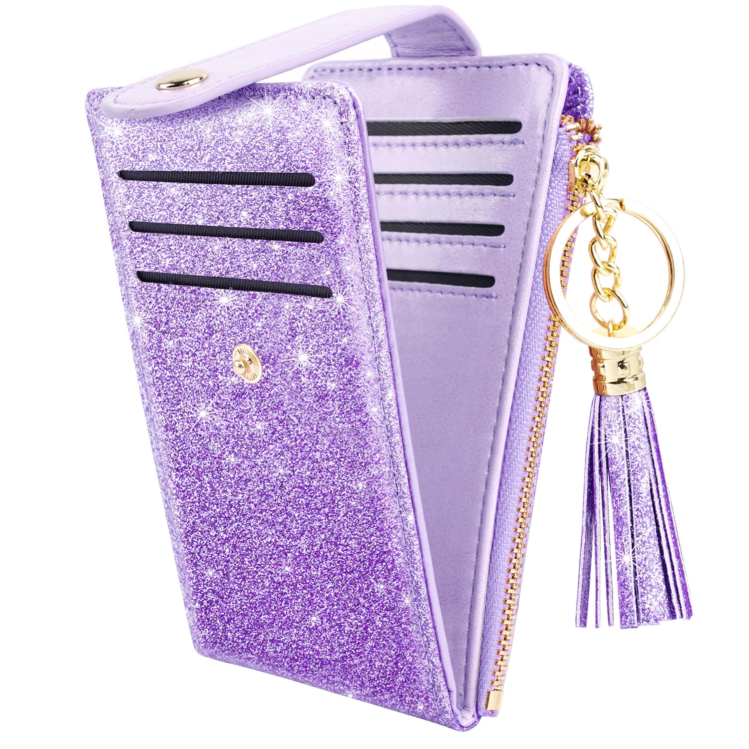 Womens Smooth Sparkly RFID Blocking Leather Wallet Cute Small Multi Card Organizer Bifold Wallet with Tassel Zipper Pocket,Purple Glitter