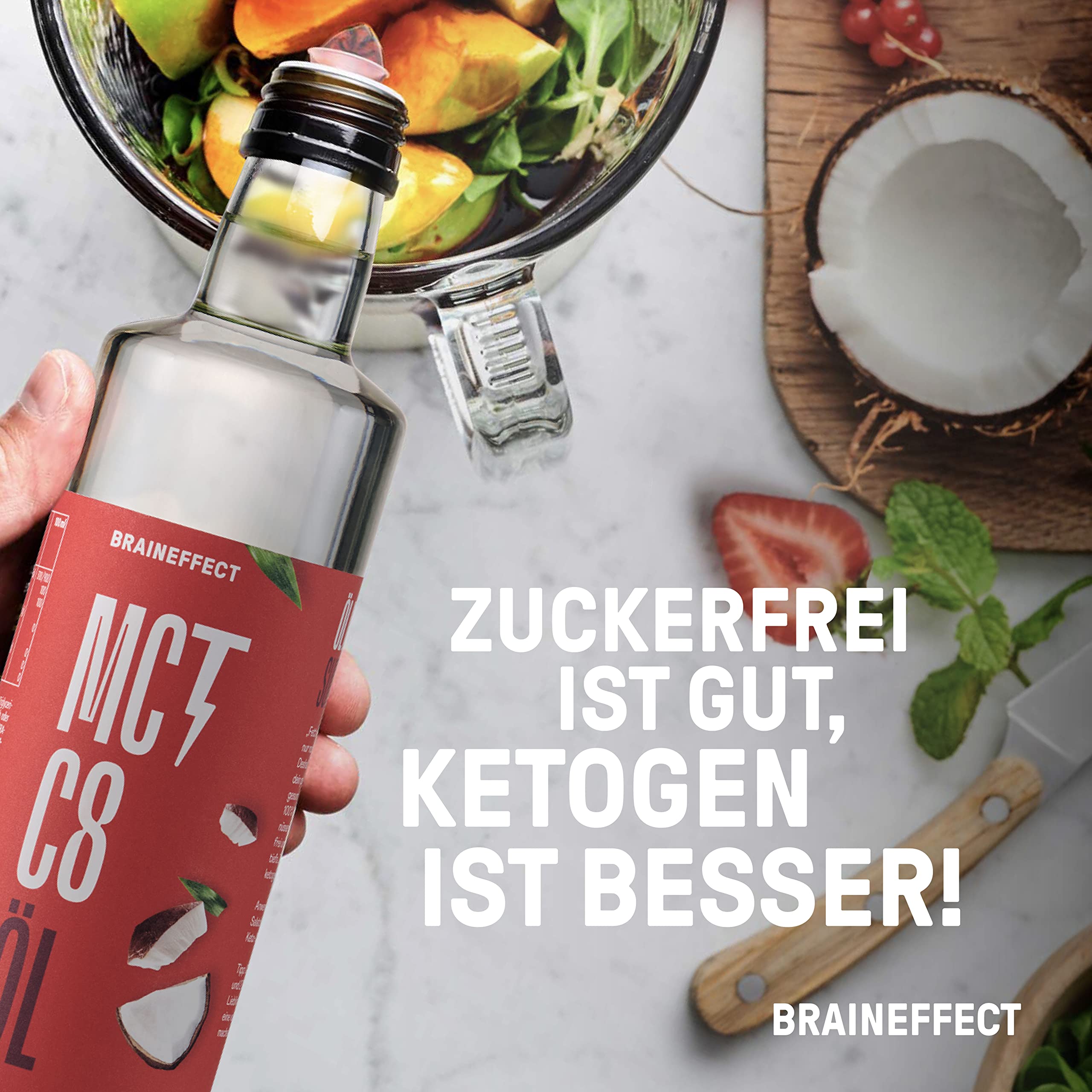 BRAINEFFECT MCT-Öl C8 - Bildet 300% mehr Ketone als andere MCT-Öle (100% C8) - Ketogene Ernährung - Reiner Extrakt aus Kokosnussöl - Ideal für ketogene Diät & Bulletproof Coffee