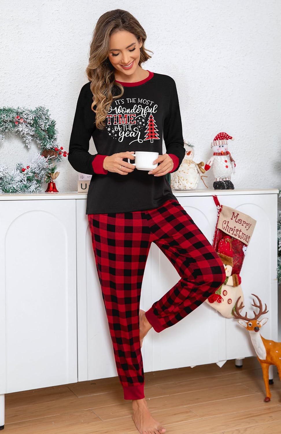 Christmas Pajamas for women Merry and Bright Christmas Long Sleeve Pjs Sleepwear Lounge Set Plaid Pants Xmas Jammies - Image 2