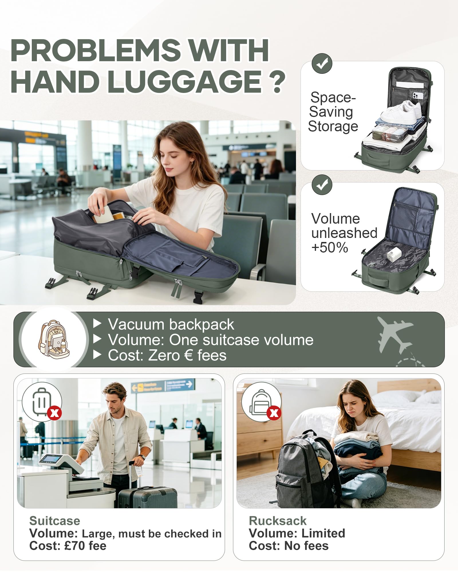 SZLX Zaino A Vuoto Bagaglio A Mano Donna, Zaino Airbag Con Sistema Di Vuoto Per Viaggi, Ryanair Viaggio Ruscksack Dimensione Cabina Con Pompa Impermeabile Uomo Valigia A Vuoto