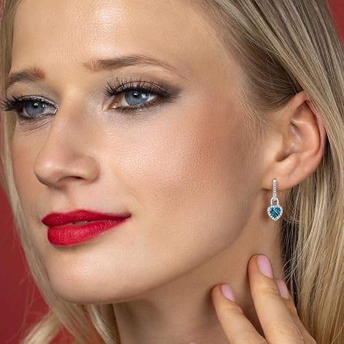 Miniatura 5 de Gem Stone King Aretes colgantes de plata de ley 925 con piedra natal y zafiro blanco creado Forma de corazón de 0.236 in Aretes colgantes