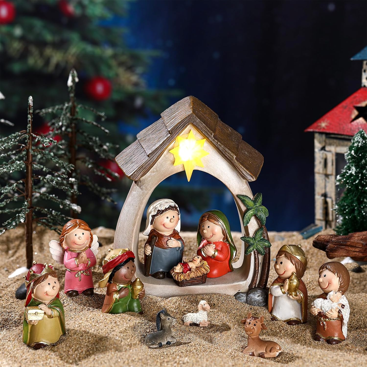 Sintuff 12 Pcs Mini Christmas Nativity Set with LED Light Includes Resin Manger and 11 Figurines Nativity Scene Decor Religious Table Decorations for Christian Desk Shelf Home Decor