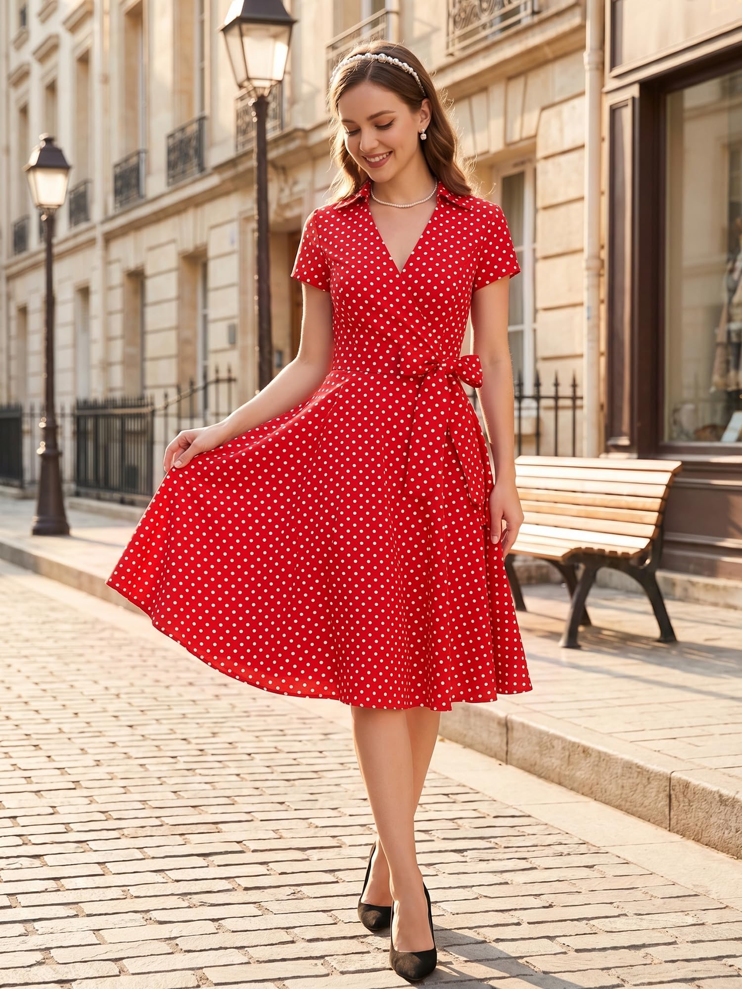 Robe Années 50's Audrey Hepburn Rockabilly Swing,Plissé Robe à Manches Courtes