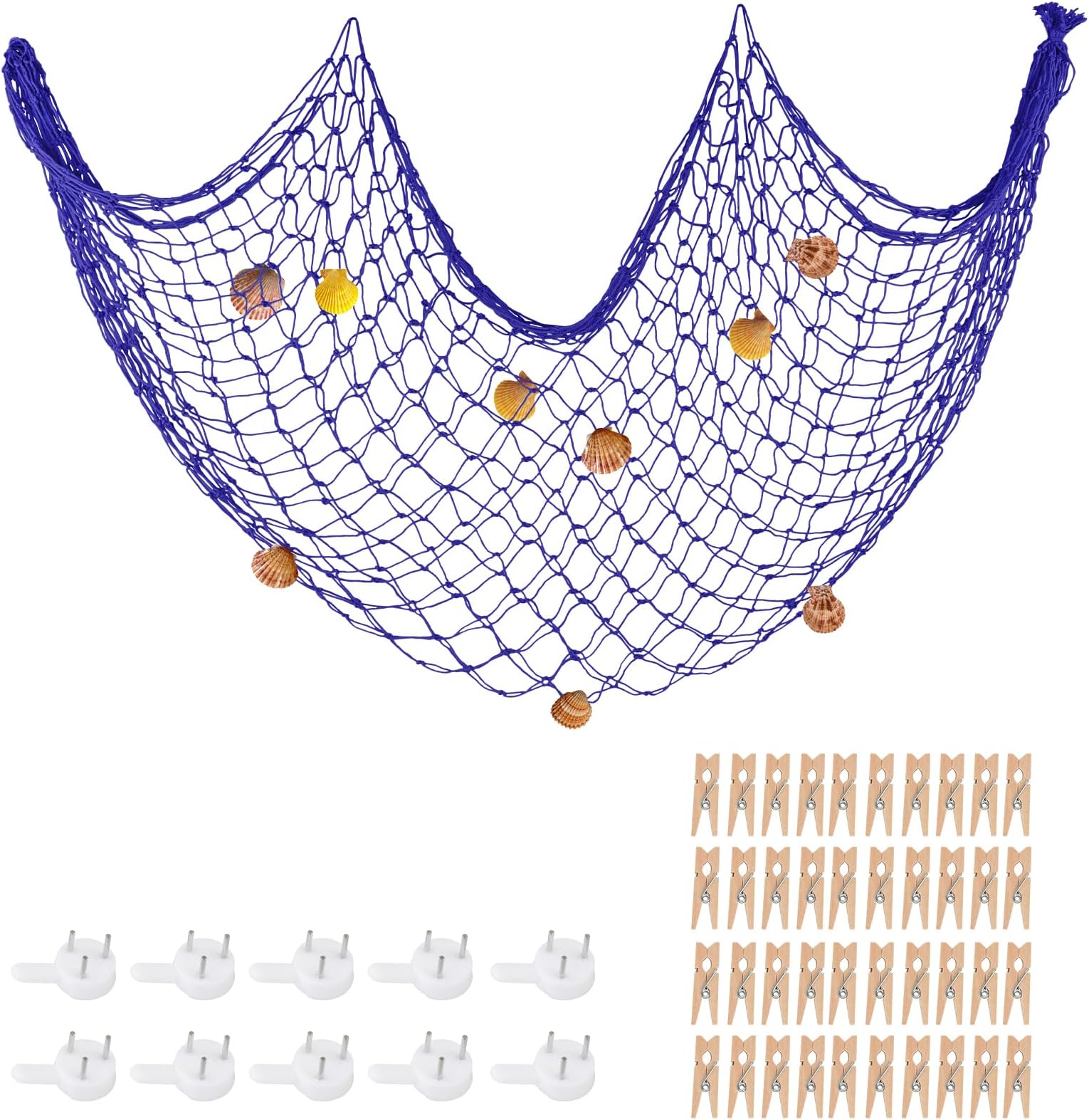 Blue Fishing Net 79x40 Inch w/ 40 Clips & Shells, ZUEXT Photo Hanging Display Holder Wall Decor, Artworks Photos Organizer, Nautical Theme Fish Net for Dorm, Mermaid Party Decoration Net
