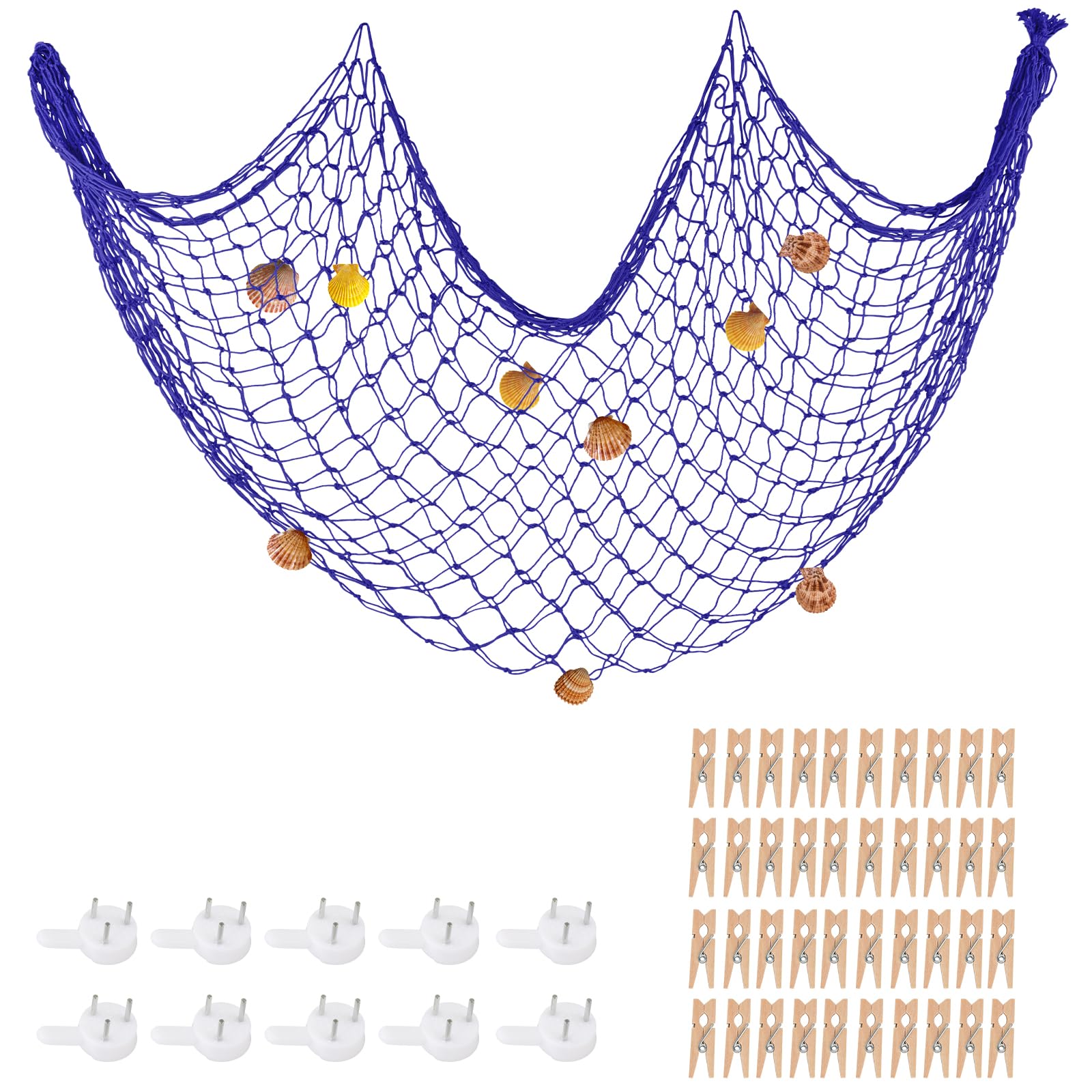 Blue Fishing Net 79x40 Inch w/ 40 Clips & Shells, ZUEXT Photo Hanging Display Holder Wall Decor, Artworks Photos Organizer, Nautical Theme Fish Net for Dorm, Mermaid Party Decoration Net