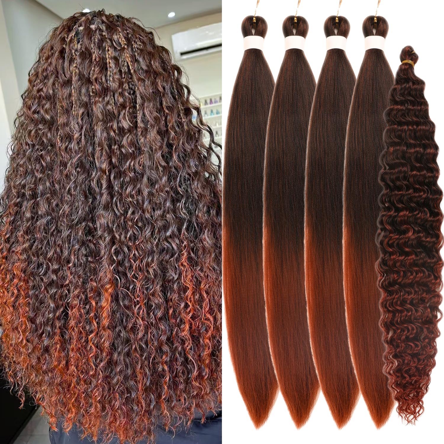Black Ginger Braiding Hair Pre Stretched for Boho Braids Synthetic Prestretched EZ Braiding Hair for Knotless Box Bohemian Braids (Total 5 Packs)