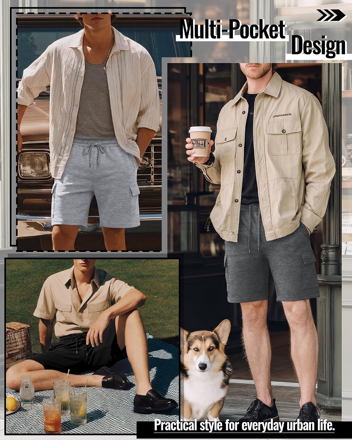 August Alley 3 Pack Men's Cargo Shorts Elastic Waist Drawstring Casual Sweat Shorts with Multi Pockets Gym Workout Outdoor
