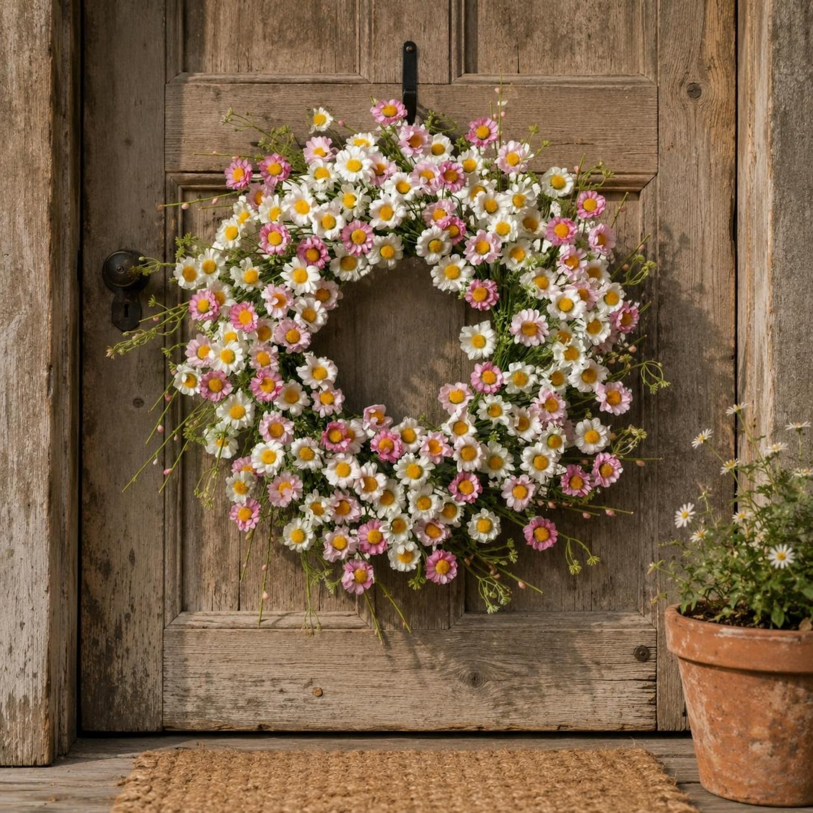 Ghirlanda Floreale Ghirlanda Porta Ghirlanda Fiorita Corona Decorativa con Fiori Artificiali in Plastica Contrasto Delicato con Centro Giallo Aspetto, Rosa, 45cm