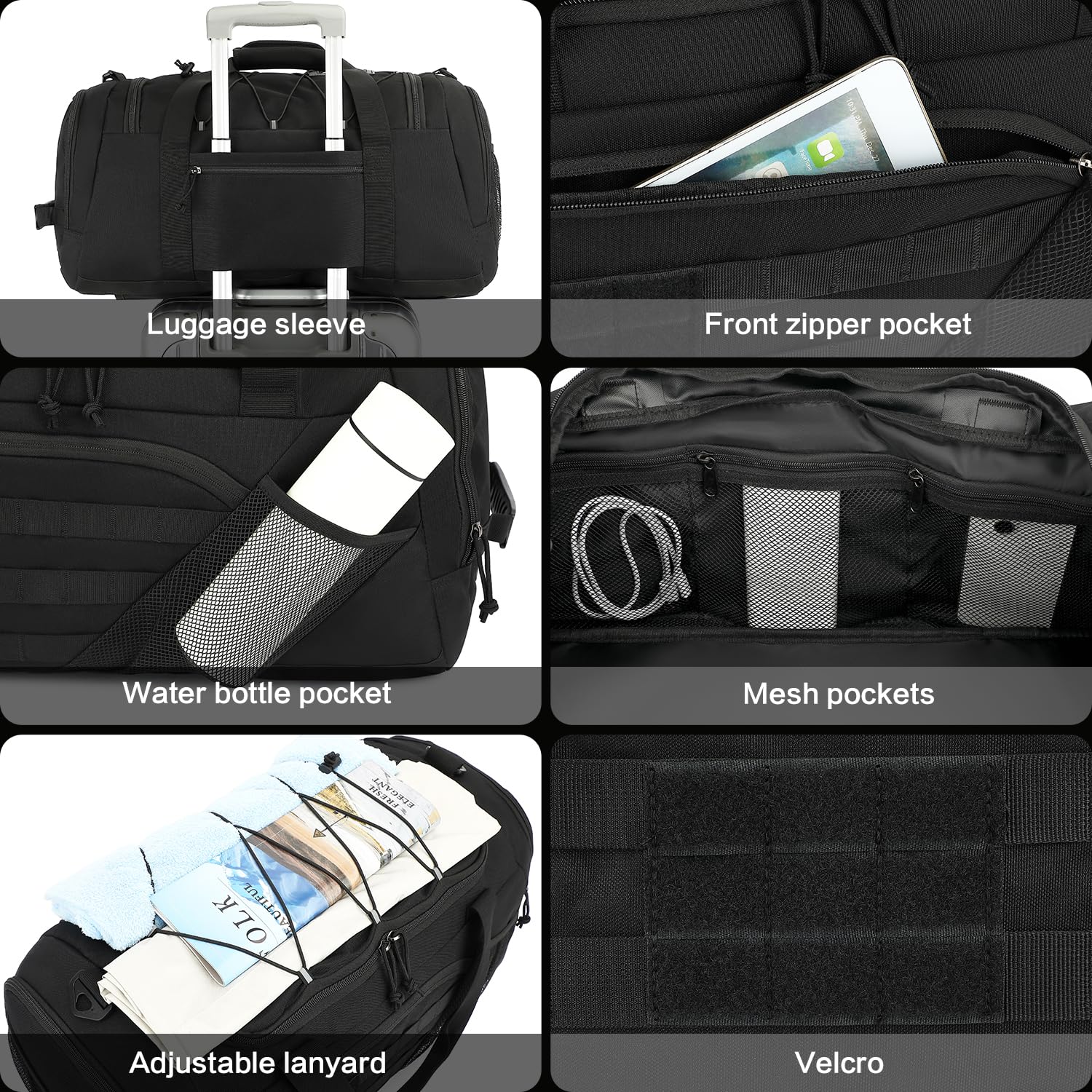 Bolsa Deporte Hombre 45L Mochila Gimnasio Táctica Militar Bolsa de Viaje con Compartimento para Zapatos + Separada Seco y Humedo para Natacion, Fitness, Fin De Semana, Negro