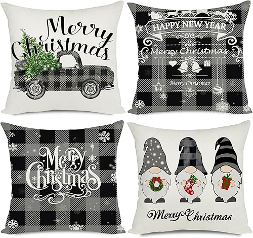 Artmag Juego de 4 fundas de almohada navideñas de 16 x 16 pulgadas, decorativas, para exteriores, granja, búfalo, búfalo, a cuadros, camión, gnomos,