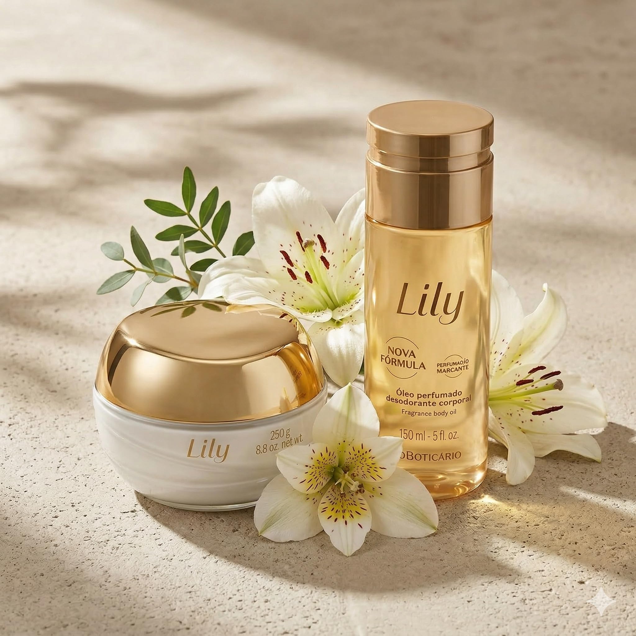 O Boticário Lily - Set regalo con profumo e cura della pelle, con 2 prodotti, crema idratante per il corpo da 250 g e olio per il corpo profumato da 150 ml