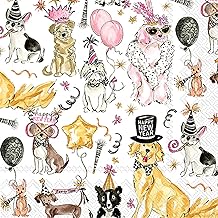 IHR Ideal Home Range Holiday Pets Napkins Rosanne Beck - Disposable 3-Ply Paper Party Napkin Pack, Cocktail Size 5" x 5", New Years Dogs, 20-Count