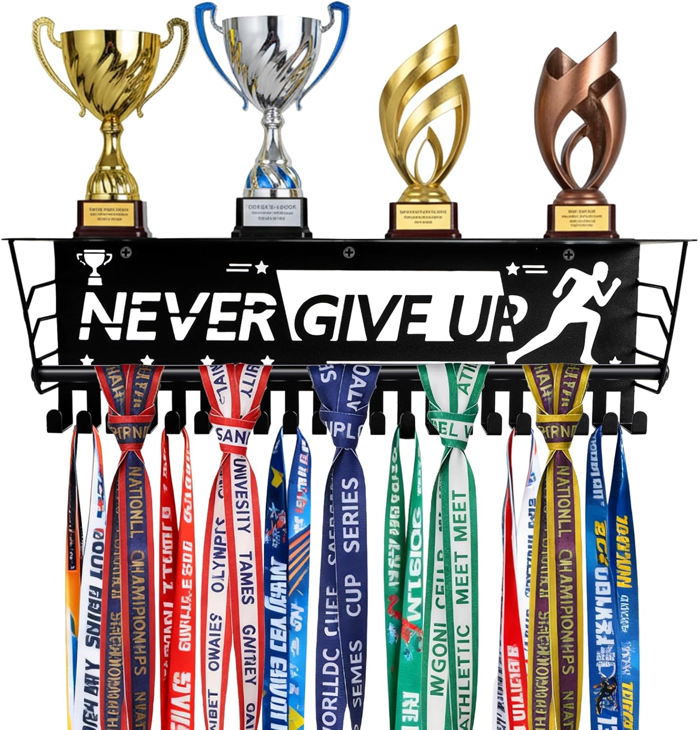 Fasmov Medal Hanger Display with Trophy Shelf, 16" Medal Holder Awards Trophy Display Trophy Shelf with 21 Hooks,Wall Mount Heavy Duty Award Hanger Rack for Running Race Wrestling Medals, Black