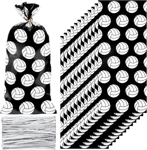 Outus 100 bolsas de violonchelo negras para fiesta de voleibol, bolsas de plástico para regalo, bolsa de celofán con 200 lazos negros para fiestas