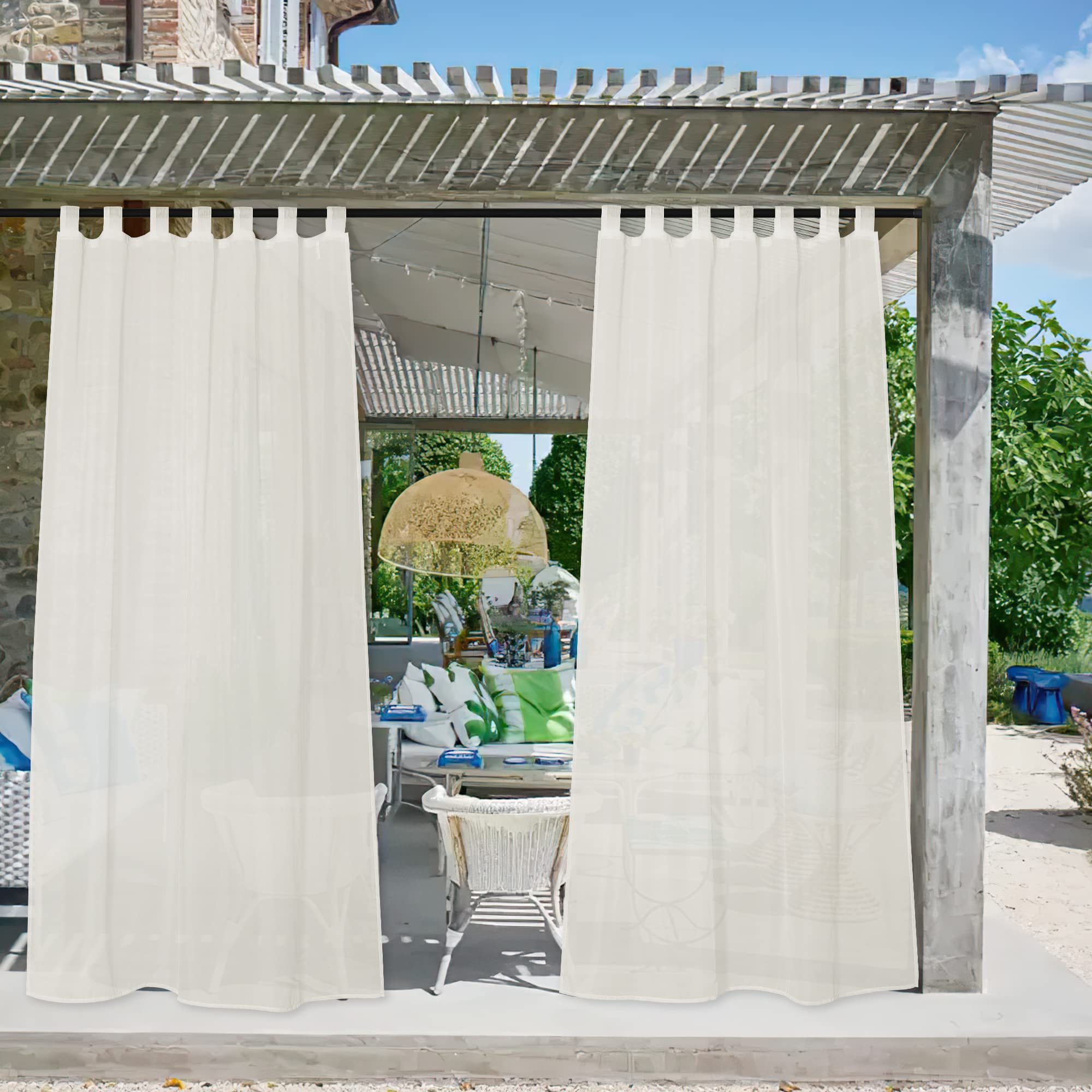 NICETOWN Outdoor Sheer Curtain for Patio Waterproof, Tab Top Indoor Outdoor Airy Sheer Voile Drape Curtain for Pergola/Arbor with Rope Tieback (1 Piece, W54 x L96, Beige)
