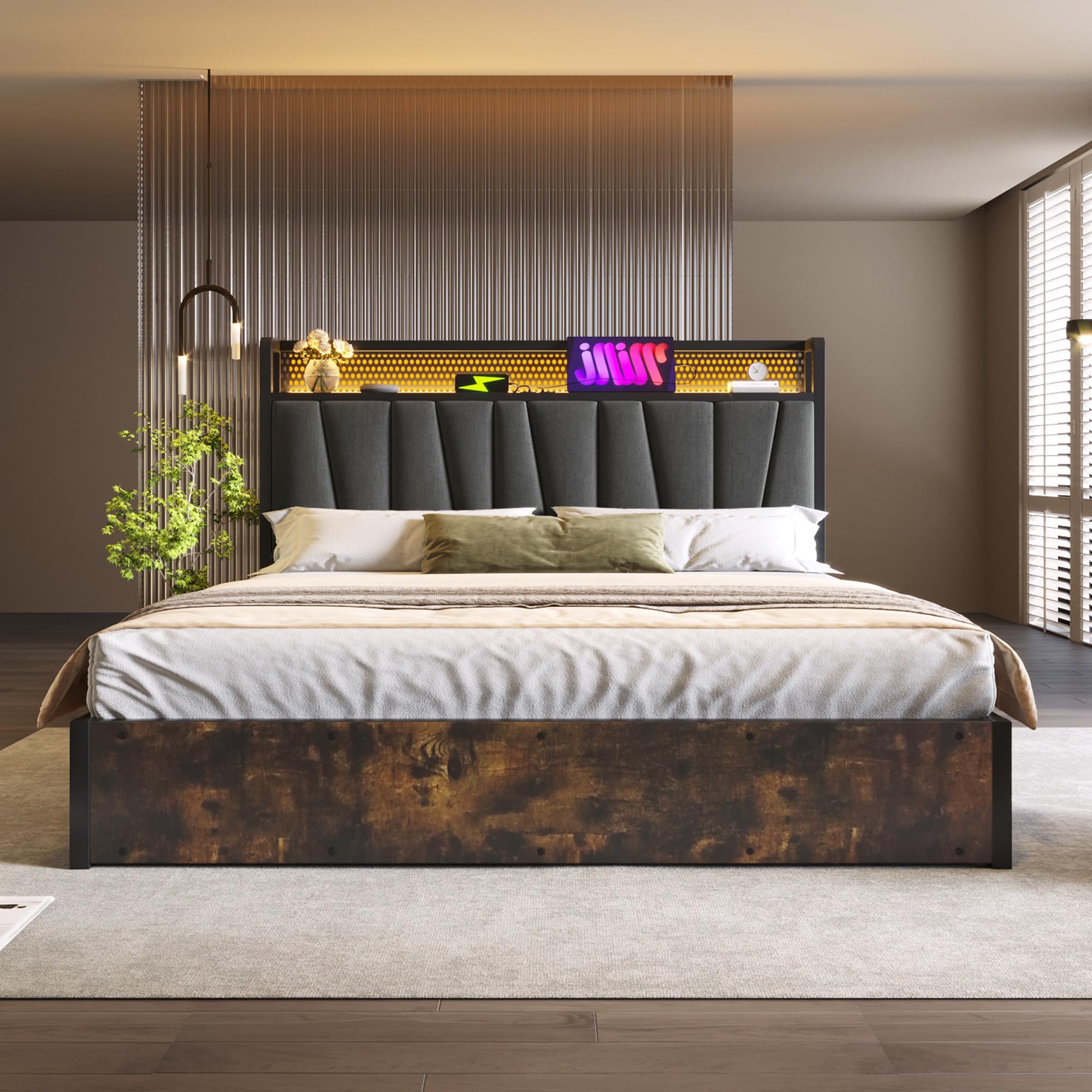 Rtopsu Letto Imbottito Letto Matrimoniale 180x200 con Illuminazione LED e USB Testata, Letti con Contenitore, Struttura del Letti con Telai in Metallo e Doghe in Legno, Lino, Grigio, Senza Materasso