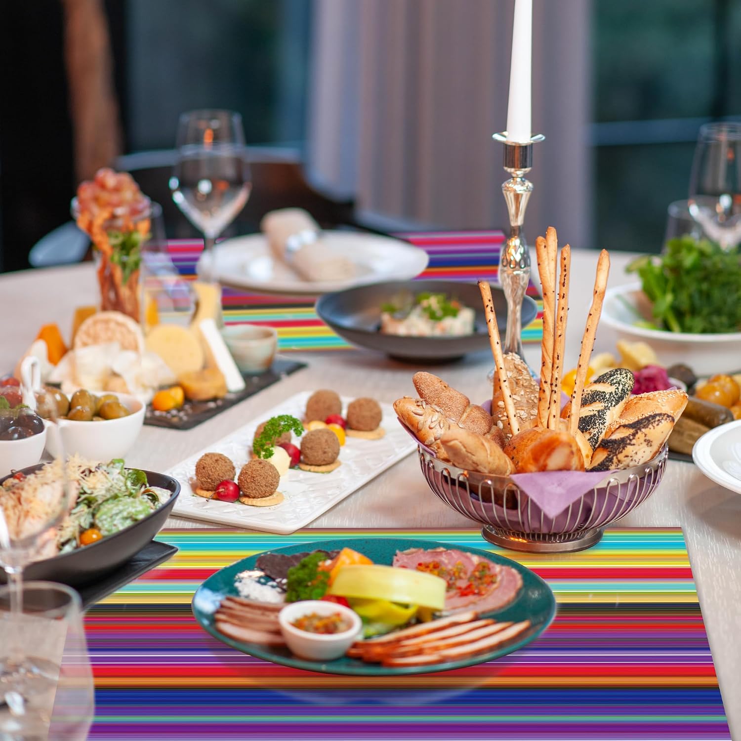 24 Pieces Mexican Fiesta Placemats Set 2 Colorful Designs 17 x 11 Inch Striped Geometric Pattern Disposable Paper Place Mats for Holiday Party Kitchen Dining Room Table Decorations Supplies