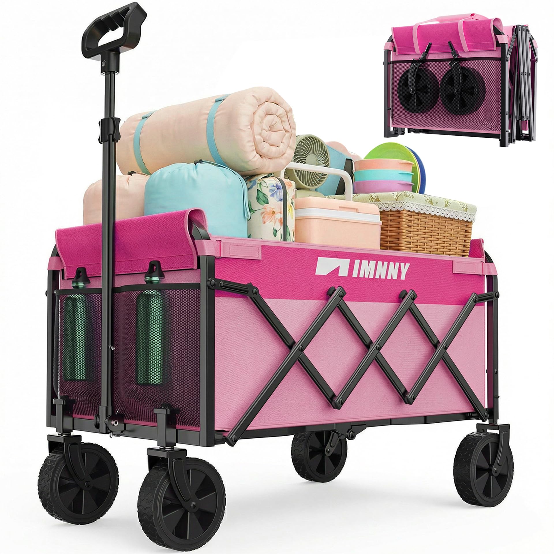 Collapsible Wagon with Wheels, Lightweight Utility Camping Wagons Carts Foldable with 220lbs Weight Capacity, Carts with Cup Holders for Garden, Sports, Grocery, Shopping (Pink)-image-14