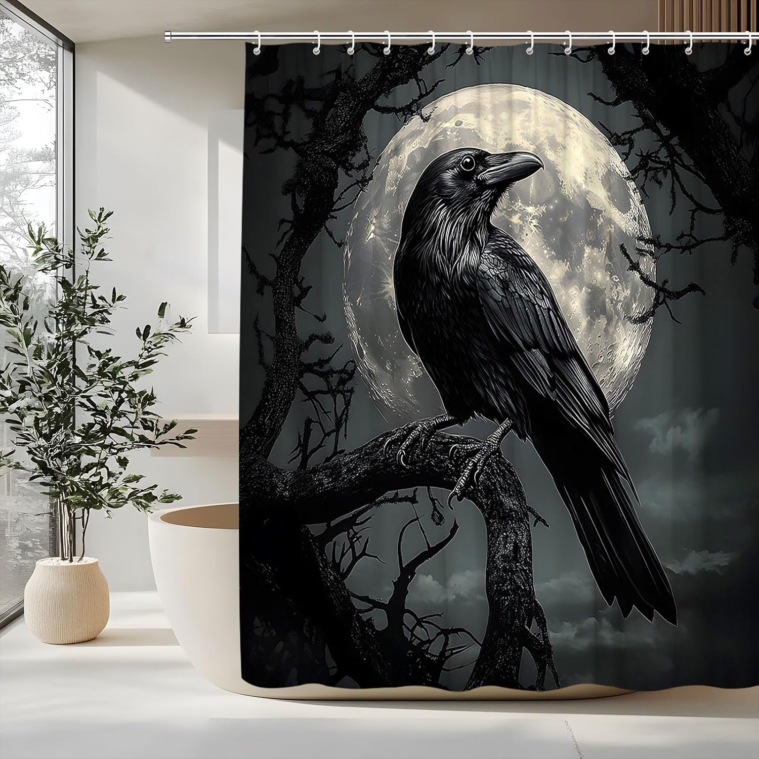 Crow Shower Curtain Gothic Wild Animal Scary Halloween Goth Raven on Branch Tree Full Moon Night Horror Forest Decorative Curtain with Polyester Fabric