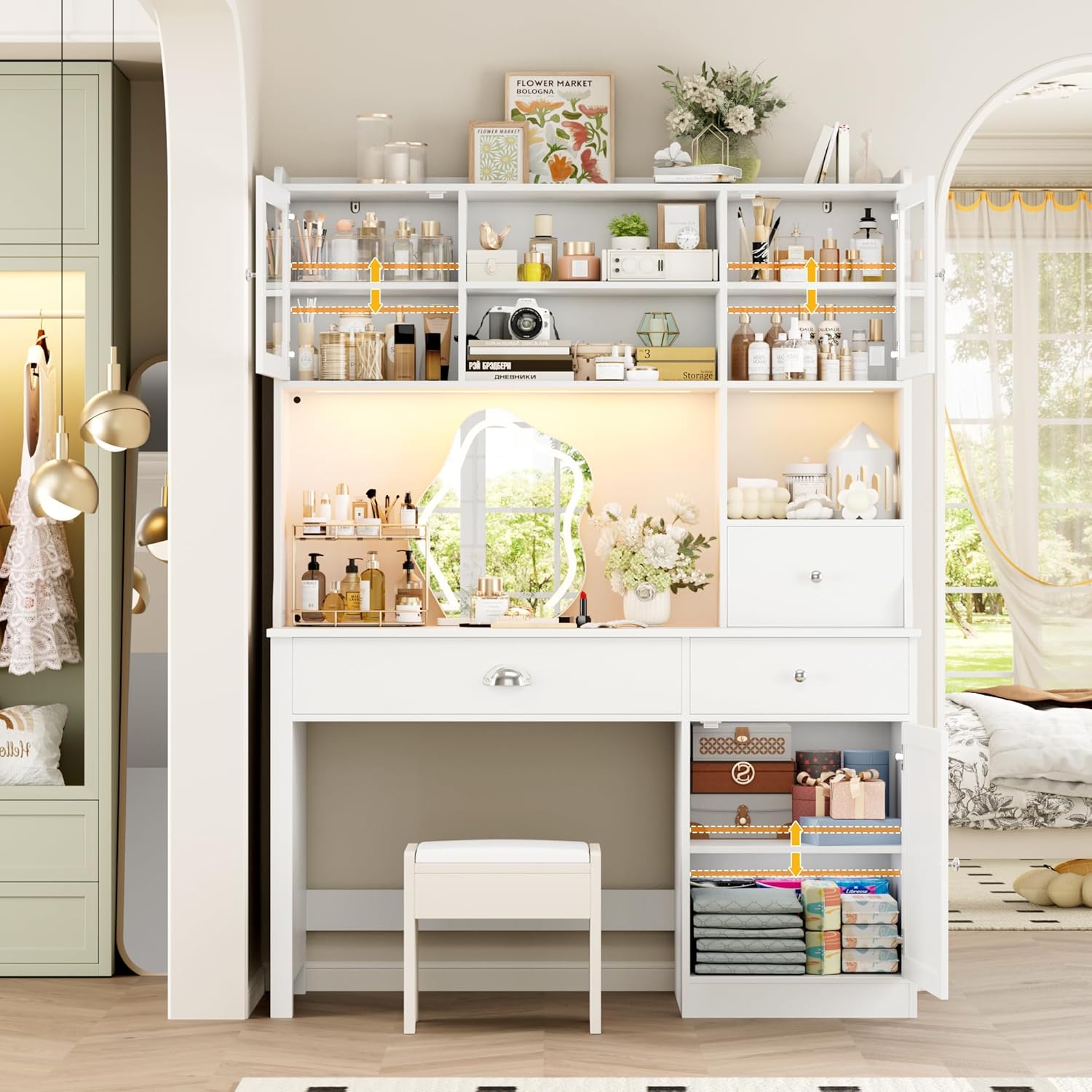 FACBOTALL Computer Desk with Hutch and RGB Lights, 65" Office Desk with Power Outlet, Makeup Vanity with 3 Doors & 3 Drawers, White Executive Desks for Home, Work and Study