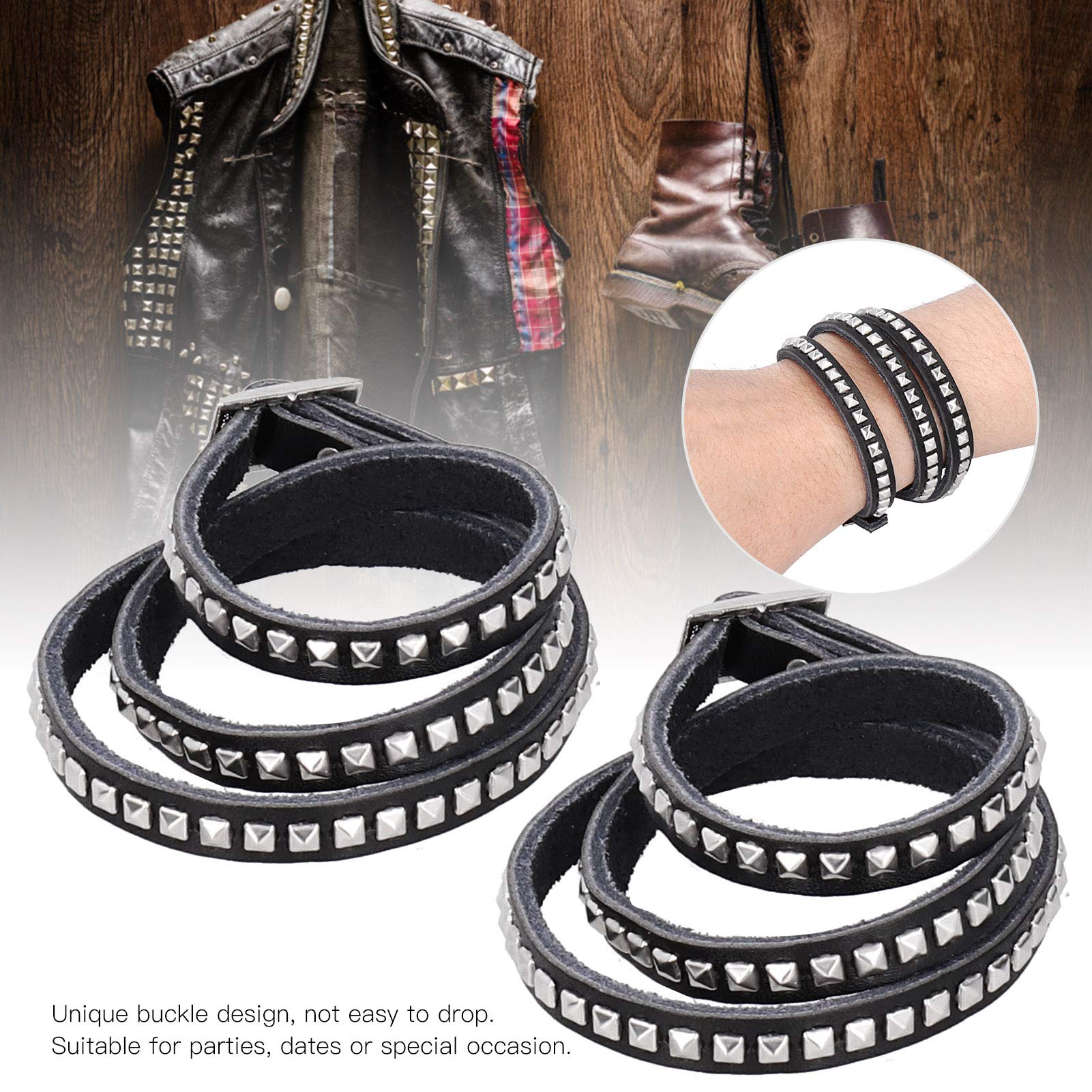 Atyhao Pulsera Punk, 2 Piezas de Pulseras de Cuero con Remaches Ajustables, Pulseras Anchas de Punk Rock, Pulsera de Hip Hop para Hombres, Mujeres