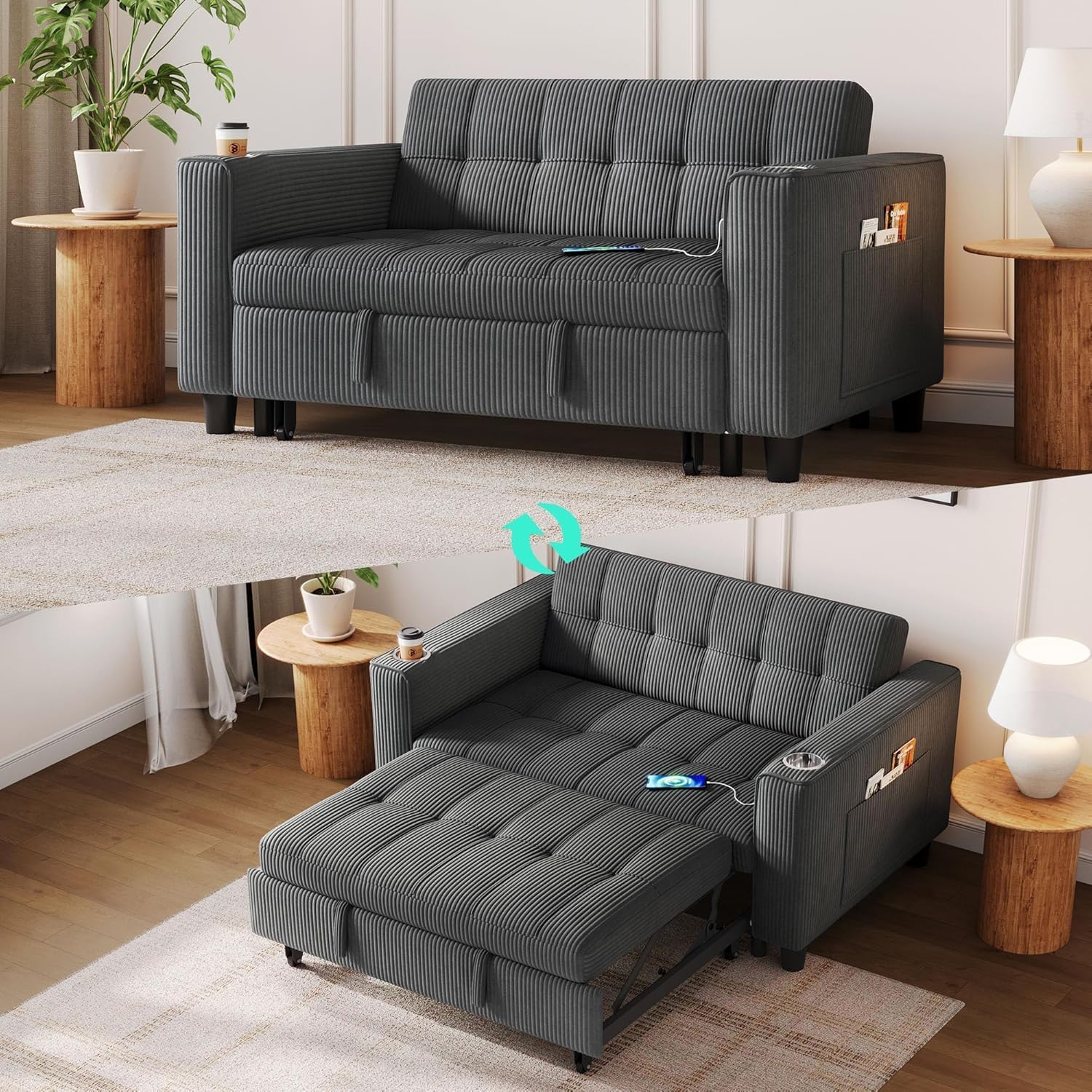 LINSY Sleeper Sofa Bed, 54" Pull Out Couch with Charging Station & Cup Holder, Small 3 in 1 Convertible Loveseat Sleeper Couch for Apartment, Dorm Room, Bedroom and Small Space, Gray