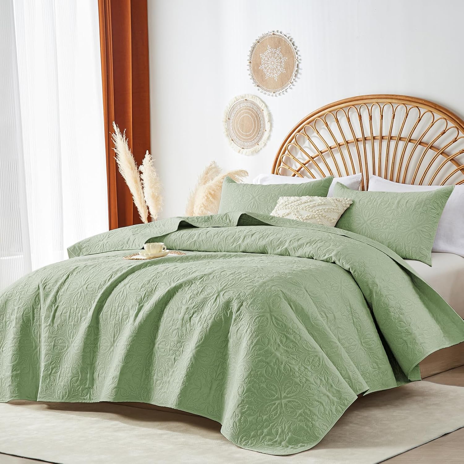 akkialla Sage Green Full/Queen Quilt Set, Lightweight Baroque Pattern Bedspread for All Seasons, Soft Microfiber Coverletfor Home, Dorm, Apartment (1 Quilt, 2 Pillow Shams) - Image 2