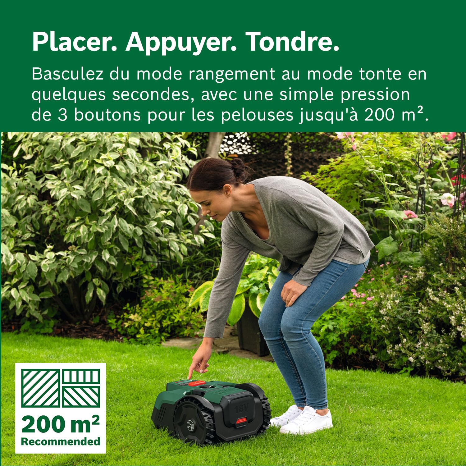 Bosch Tondeuse Robot sans-Fil VISIMOW18V-200 (pour pelouses Jusqu’à 200 m², Largeur de Coupe: 18 cm, Hauteur de Coupe: 20-60 mm, avec Lames de Rechange, Batterie et Chargeur)