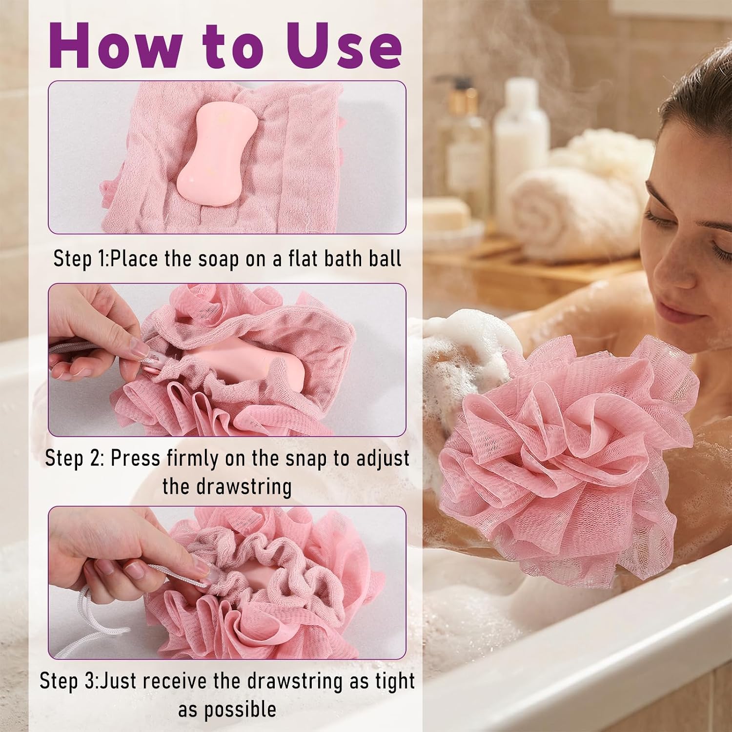 3Pcs Loofah Washcloth Combo 2 in 1, Bar Soap Loofah Pouch Can Hold Soap Exfoliating and Reusable Shower Sponge for Bathing